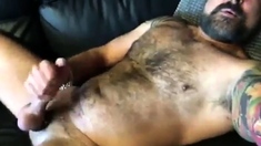 Hot Hairy Muscle Daddy Jerks Off for Me and Cums